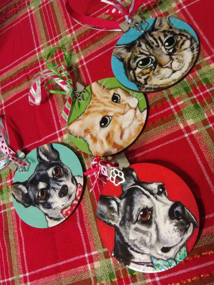 Two Custom Pet Portrait Ornaments - Hand painted wood Christmas tree decor gift idea dog cat animal , pet memorial, pet loss, pet painting