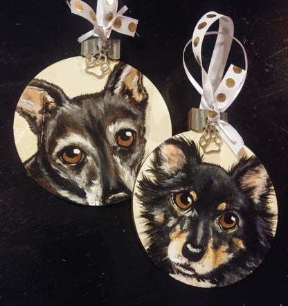 Two Custom Pet Portrait Ornaments - Hand painted wood Christmas tree decor gift idea dog cat animal , pet memorial, pet loss, pet painting