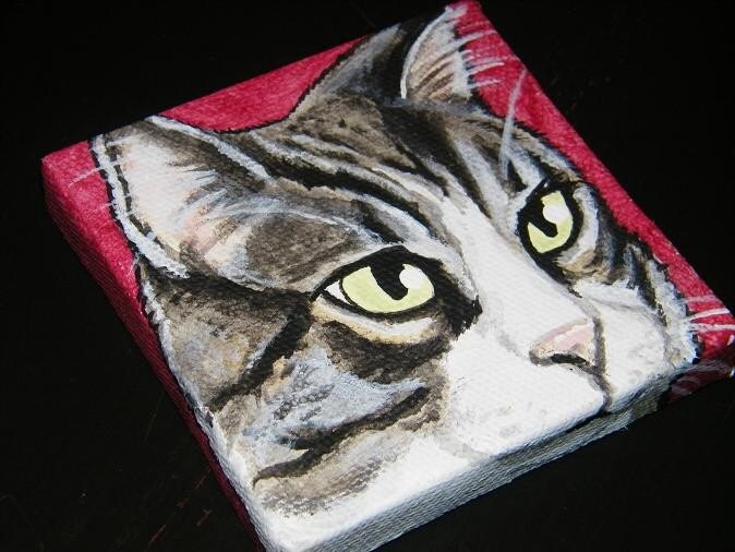 CUSTOM Painted Mini Pet Portrait 3x3 , miniature artwork, pet painting, cat, dog, pet memorial