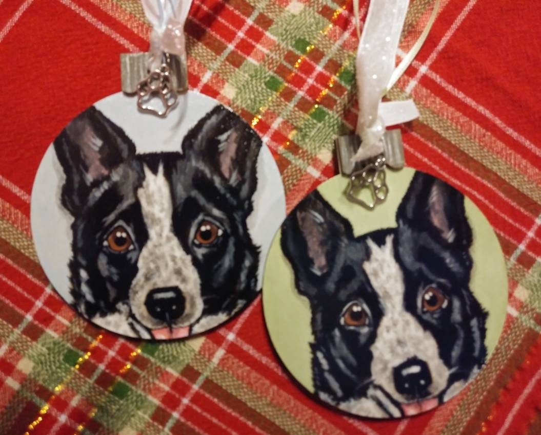 Two Custom Pet Portrait Ornaments - Hand painted wood Christmas tree decor gift idea dog cat animal , pet memorial, pet loss, pet painting