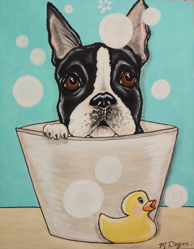 Wet Whimsical Woofs! Custom painted Pet in bathtub 11x14 canvas, pet portrait, dog in tub, dog bath, dog owner gift, bubble bath, fun art