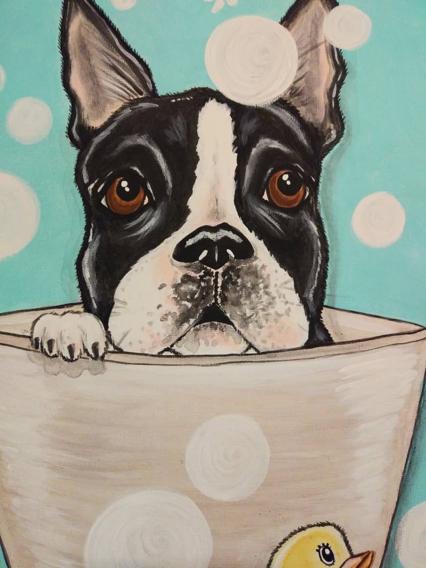 Wet Whimsical Woofs! Custom painted Pet in bathtub 11x14 canvas, pet portrait, dog in tub, dog bath, dog owner gift, bubble bath, fun art