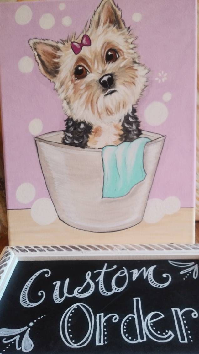 Wet Whimsical Woofs! Custom painted Pet in bathtub 11x14 canvas, pet portrait, dog in tub, dog bath, dog owner gift, bubble bath, fun art