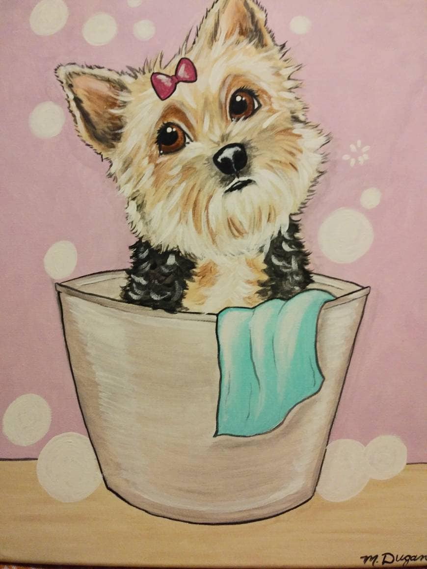 Wet Whimsical Woofs! Custom painted Pet in bathtub 11x14 canvas, pet portrait, dog in tub, dog bath, dog owner gift, bubble bath, fun art