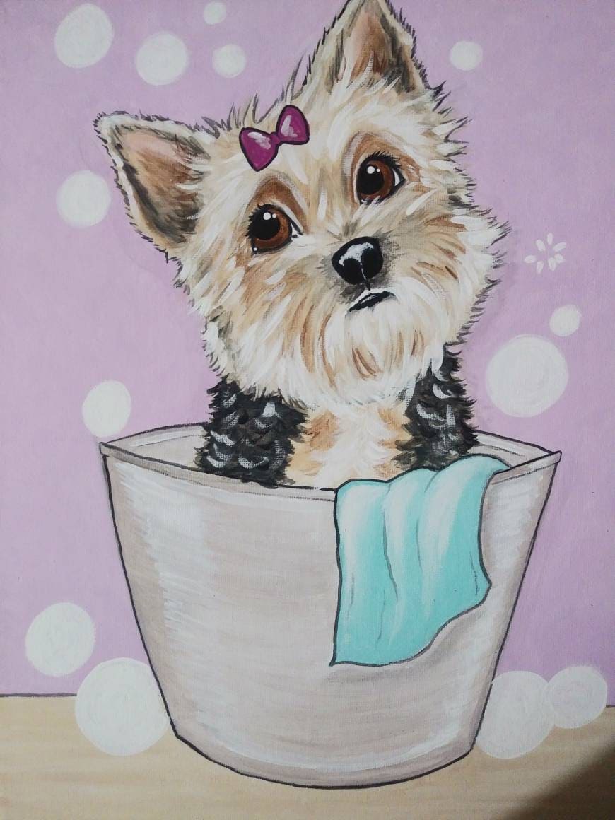Wet Whimsical Woofs! Custom painted Pet in bathtub 11x14 canvas, pet portrait, dog in tub, dog bath, dog owner gift, bubble bath, fun art