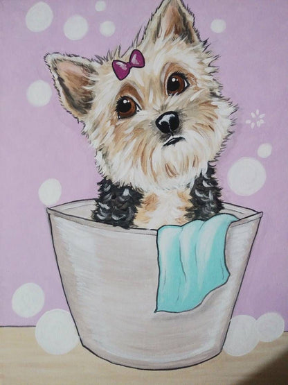 Wet Whimsical Woofs! Custom painted Pet in bathtub 11x14 canvas, pet portrait, dog in tub, dog bath, dog owner gift, bubble bath, fun art