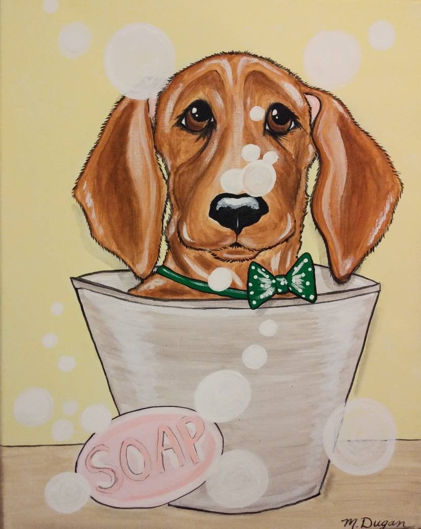 Wet Whimsical Woofs! Custom painted Pet in bathtub 11x14 canvas, pet portrait, dog in tub, dog bath, dog owner gift, bubble bath, fun art