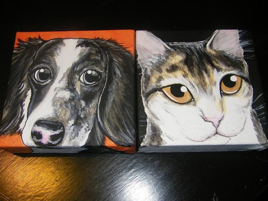 Two Custom Pet Portrait Paintings 6x6 - hand painted, cat, dog, pet love, gift, pet memorial, animal