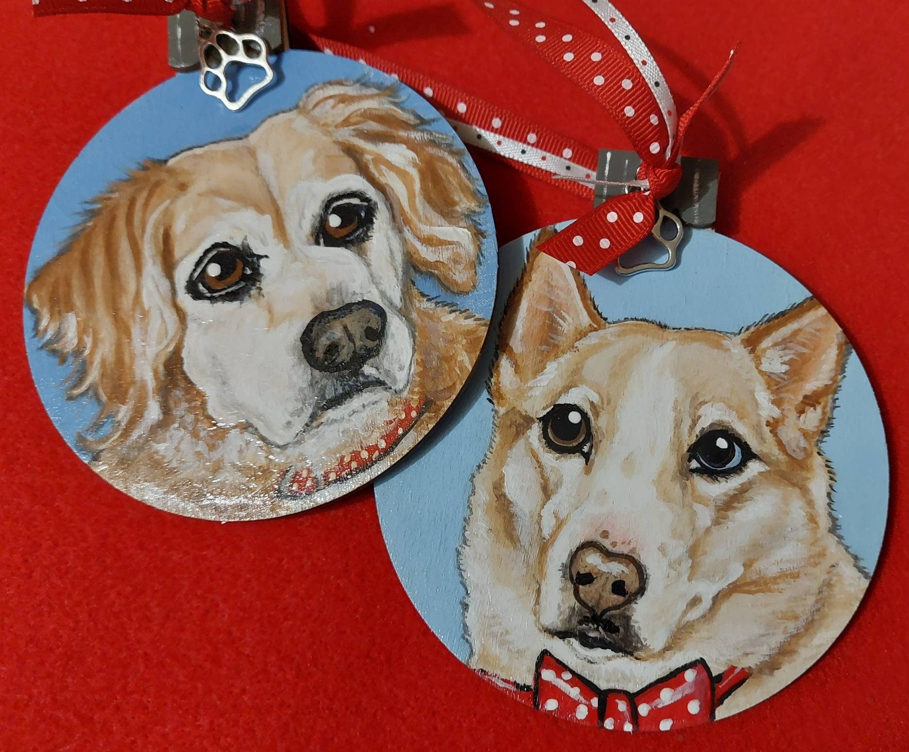 Two Custom Pet Portrait Ornaments - Hand painted wood Christmas tree decor gift idea dog cat animal , pet memorial, pet loss, pet painting